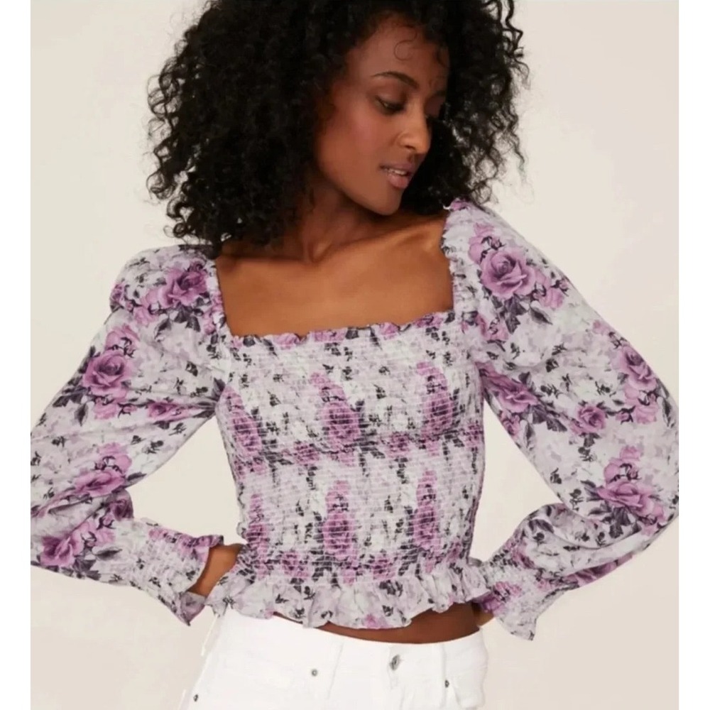 LoveShackFancy Russell Romantic Semi-Cropped Smocked Peasant Blouse Size S